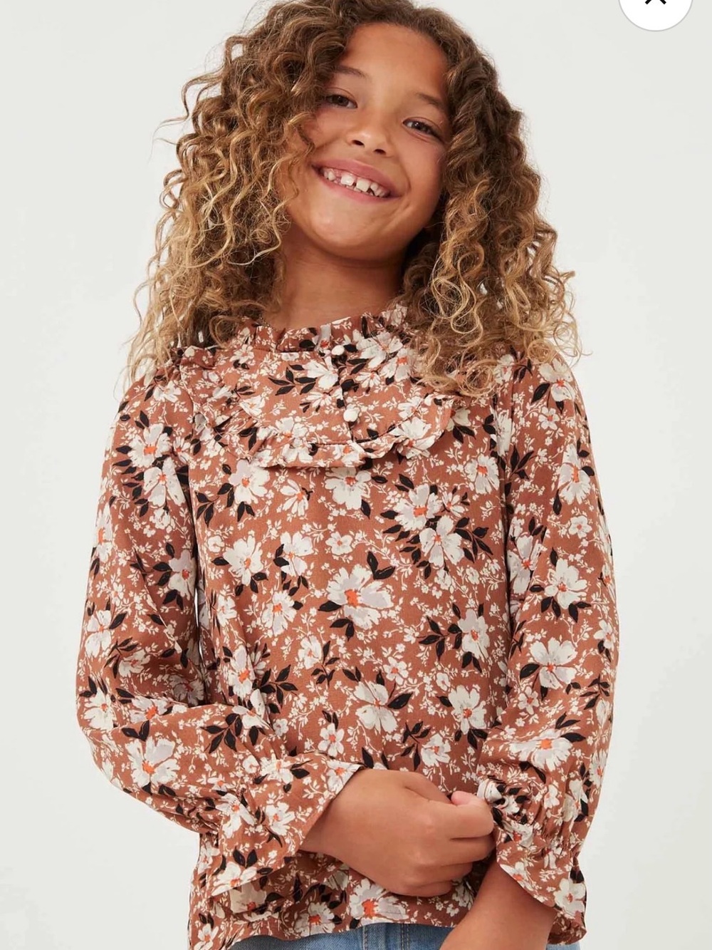 Hayden Brown Floral Ruffle-Neck Blouse for Girls